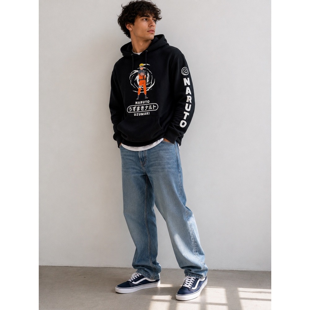 Naruto Shippuden Uzumaki Graphic Hoodie Mens Large Black Anime Sweatshirt L